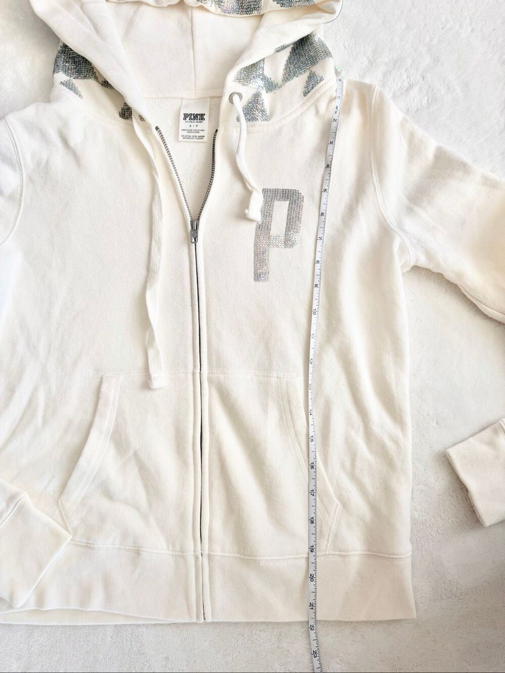 PINK Victoria’s Secret White Holographic Sequin Zip Hoodie Y2K Bling Women’s Sma - Picture 10 of 12
